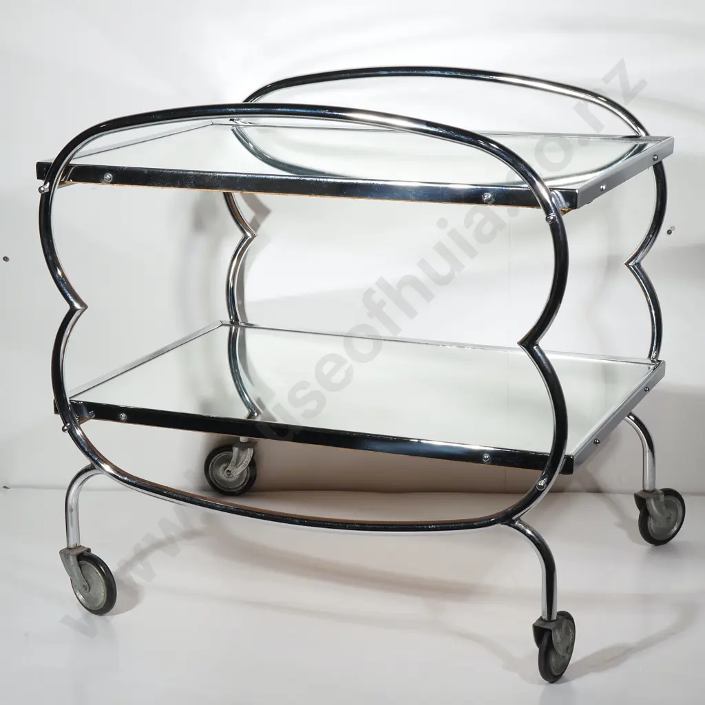Mid Century Mirrored Glass & Chrome Bar Cart w Tubular Frame Image 1++