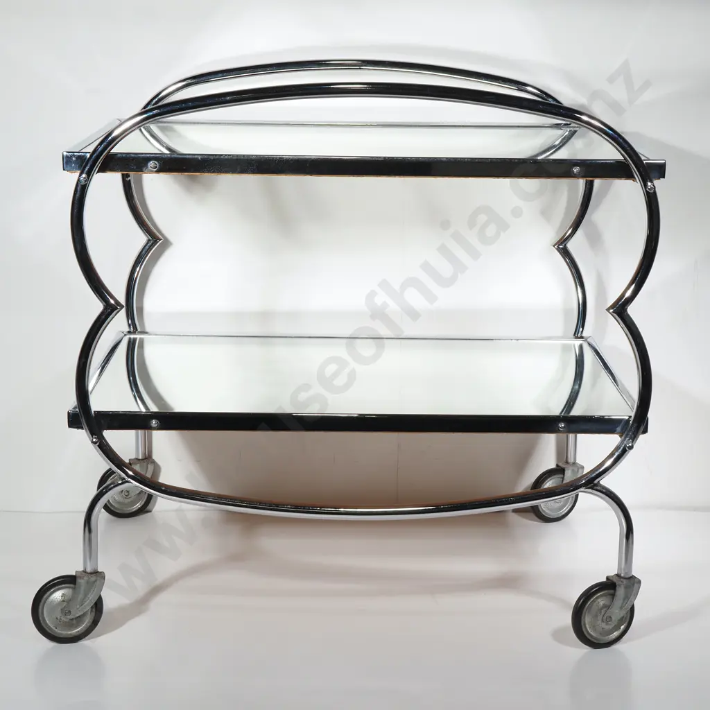 Mid Century Mirrored Glass & Chrome Bar Cart w Tubular Frame Image 1++