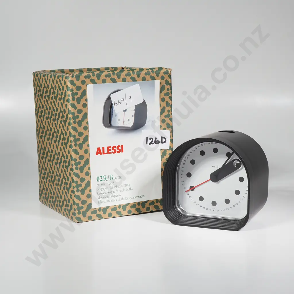 Boxed Alessi Black Optic Modernist Table Alarm Clock (Model 02B) Designed by Joe Colombo in 1970 Image 1++