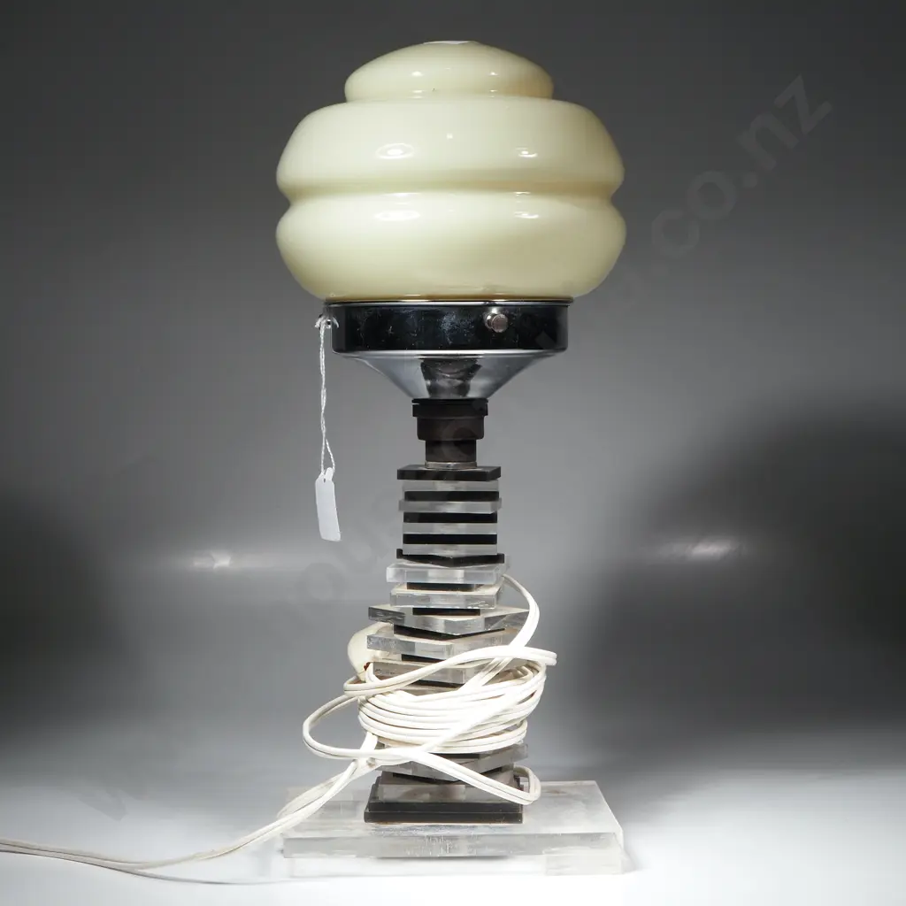 Vintage Table Lamp w Art Deco Style Glass Shade &  a Stacked Clear & Black Acrylic Base Image 1++