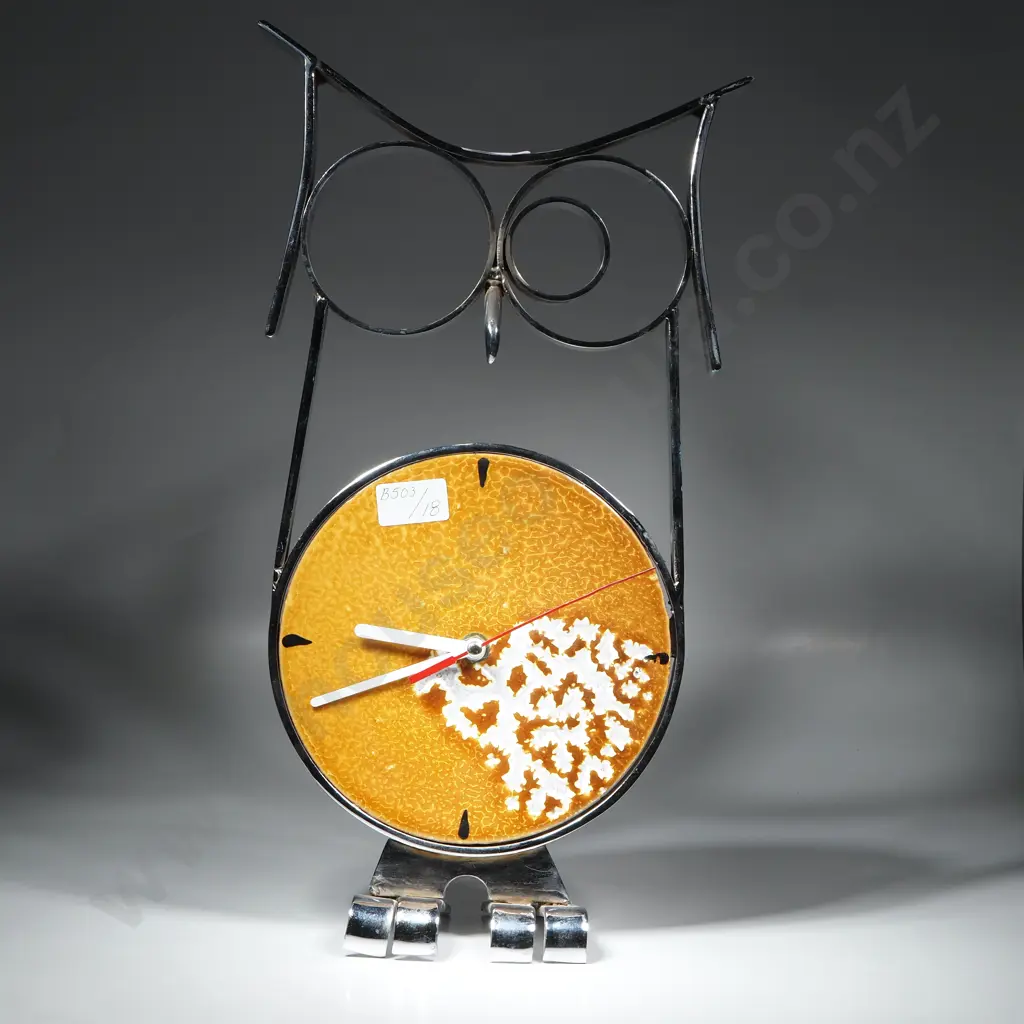 Hand Crafted Chrome Steel 'Owl' Clock w Ceramic Face. Image 1++