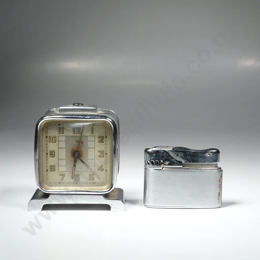 Vintage Chrome Art Deco Alarm Clock, Marked Foreign & a Chrome Lighter Image 1++