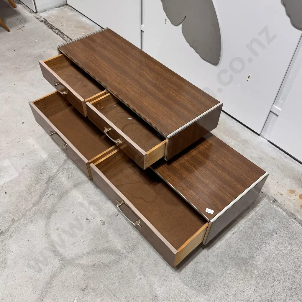 Vintage Retro Wood Grain Assymetrical Laminate Buffet w Metal Trim & Handles Resting on Square Tapered Legs Image 1++