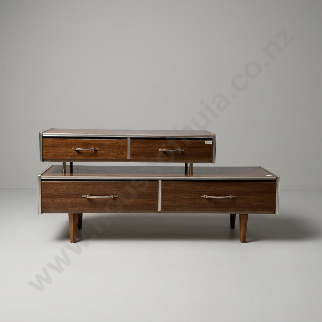 Vintage Retro Wood Grain Assymetrical Laminate Buffet w Metal Trim & Handles Resting on Square Tapered Legs Image 1++