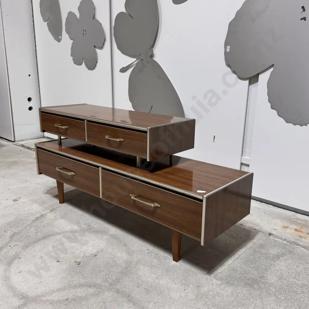 Vintage Retro Wood Grain Assymetrical Laminate Buffet w Metal Trim & Handles Resting on Square Tapered Legs Image 1++