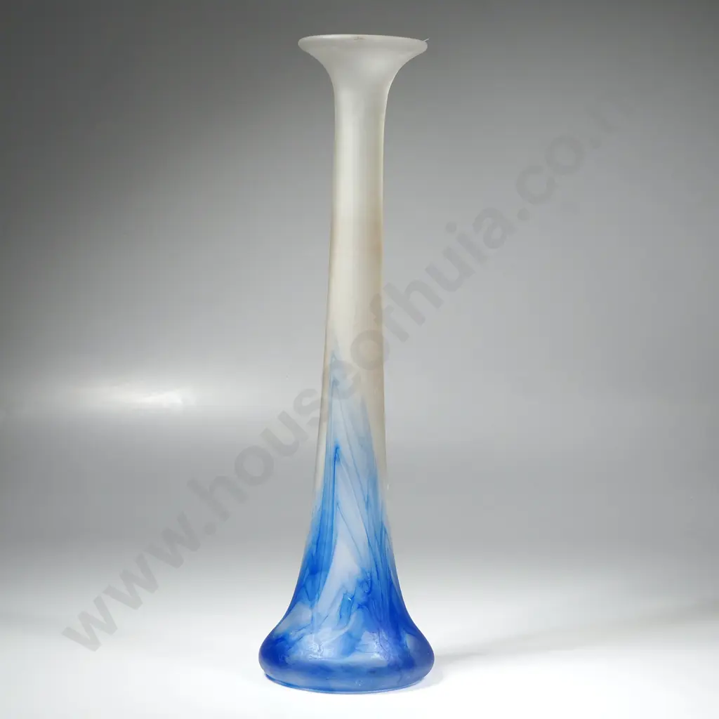 Tall VIntage Art Glass Trumpet Vase w Frosted Finish & Blue Swirls to Base Image 1++
