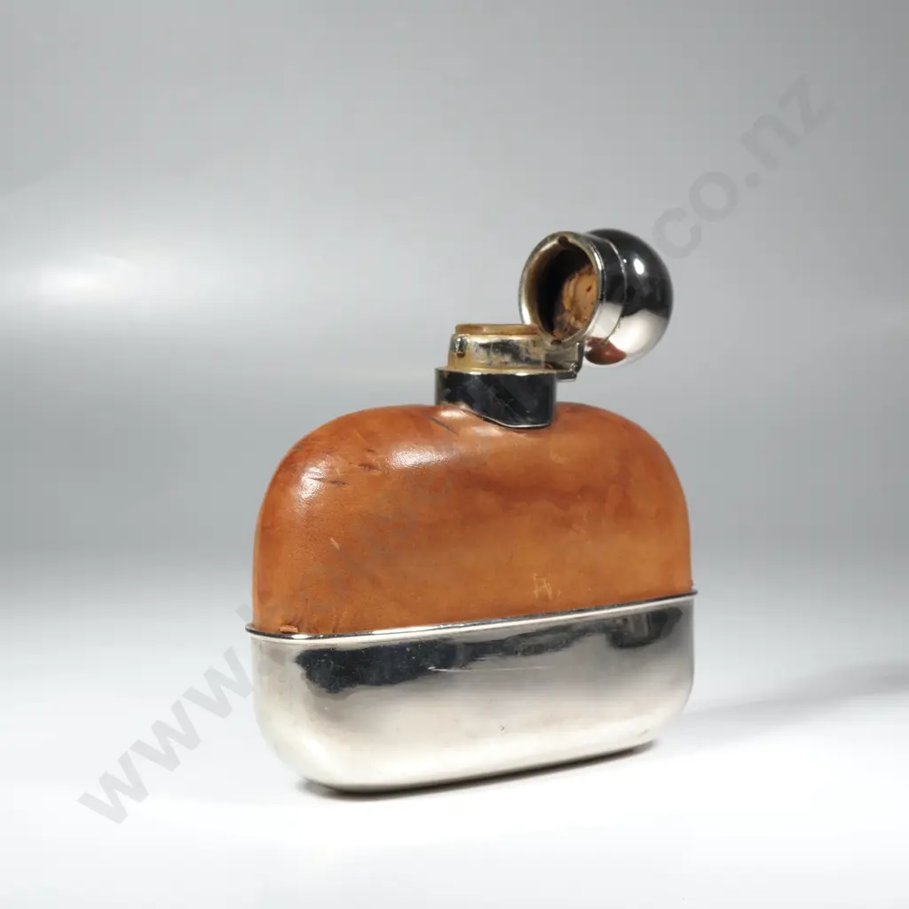 Vintage Hip Flask w Leather Covered Body & Detachable Cup on the Bottom & Hinged Bayonet Cap to Lid Image 1++