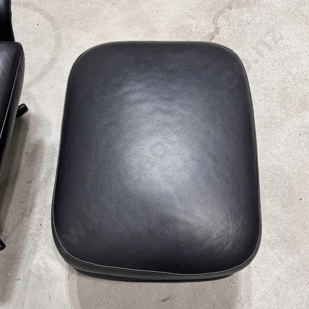 Seymour High Back Chair with Swivel Base and Footstool in Black Leather Image 1++