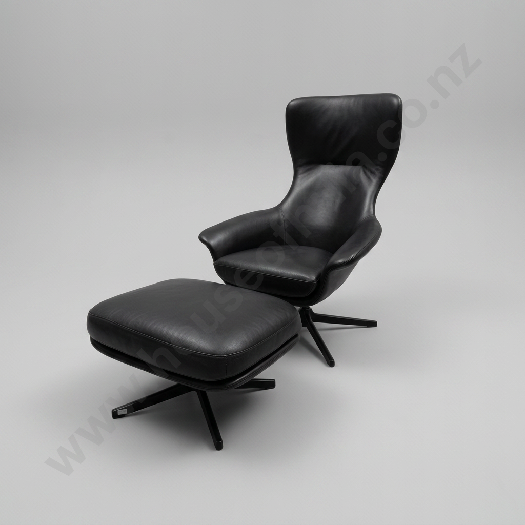 Seymour High Back Chair with Swivel Base and Footstool in Black Leather Image 1++