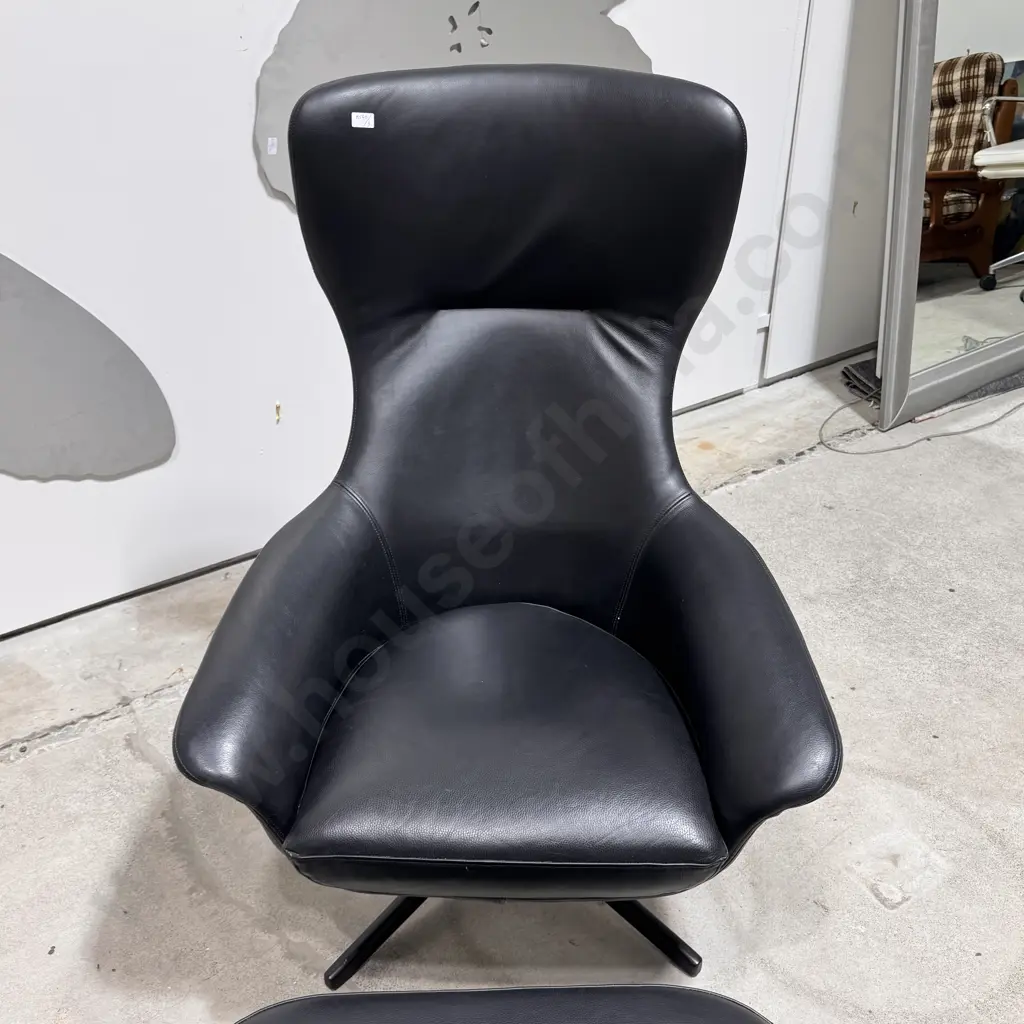 Seymour High Back Chair with Swivel Base and Footstool in Black Leather Image 1++