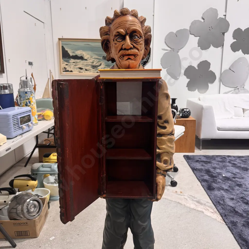 Rare Vintage Albert Einstein Statue w/ Storage Cabinet in Fiberglass & Plaster, USA, c. 1980s Image 1++