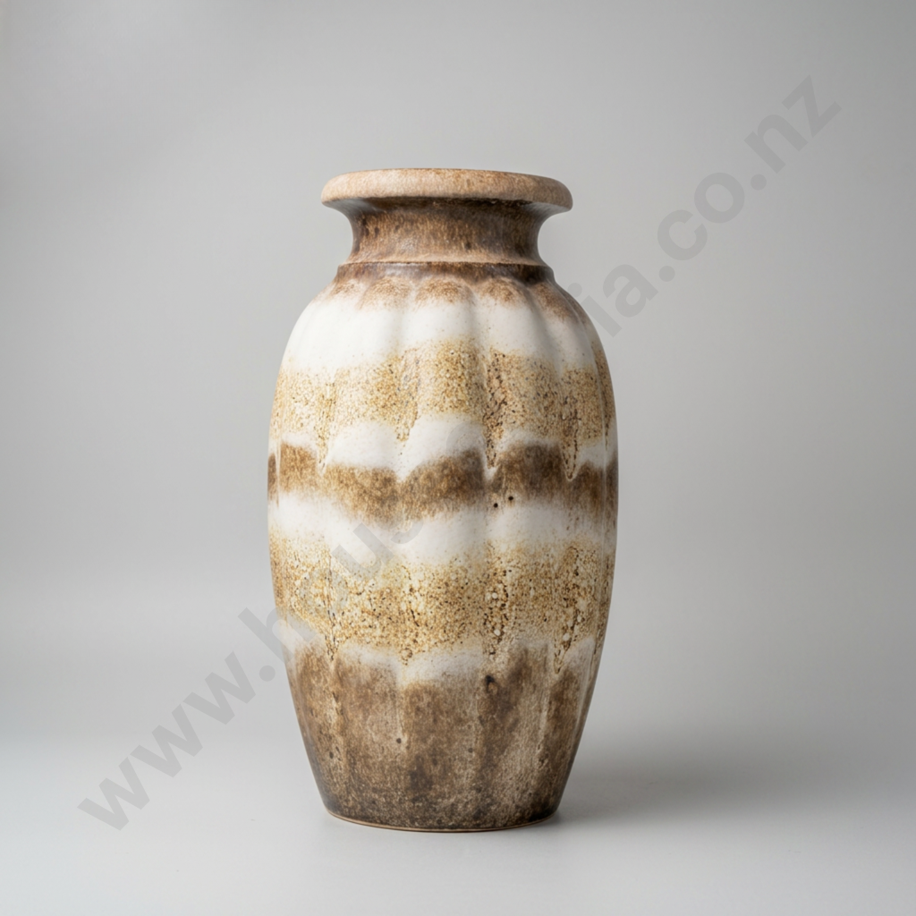 Vintage  West German Scheurich Keramik Vase w White & Brown Drip Glaze w Textured Ribbed Body, Model No.292-40 Image 1++
