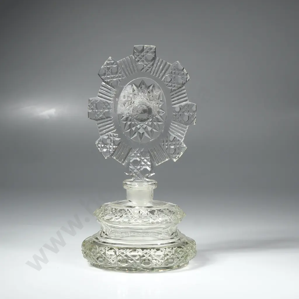 Cut Glass Art Nouveau Crystal Perfume Bottle w a Snowflake or Sunburst Patterned Stopper Image 1++