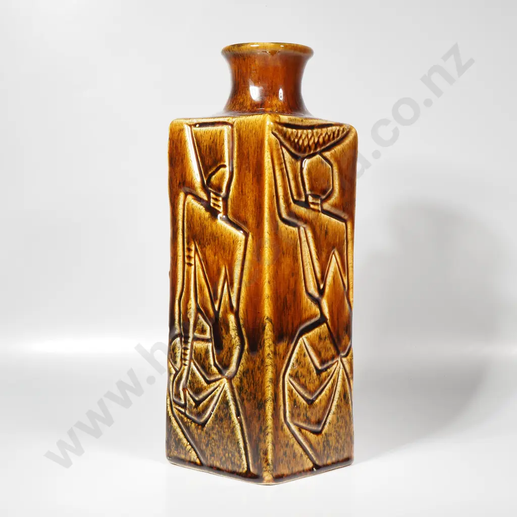 Square Mid Century Incised Stylised Figure Vase w Brown Glaze Image 1++
