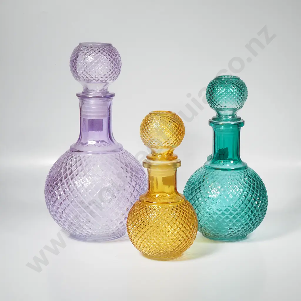 Three Bulbous Decanters w Textured Diamond Like Pattern in Green, Yellow & Lavender w Round Ball Decanter Image 1++