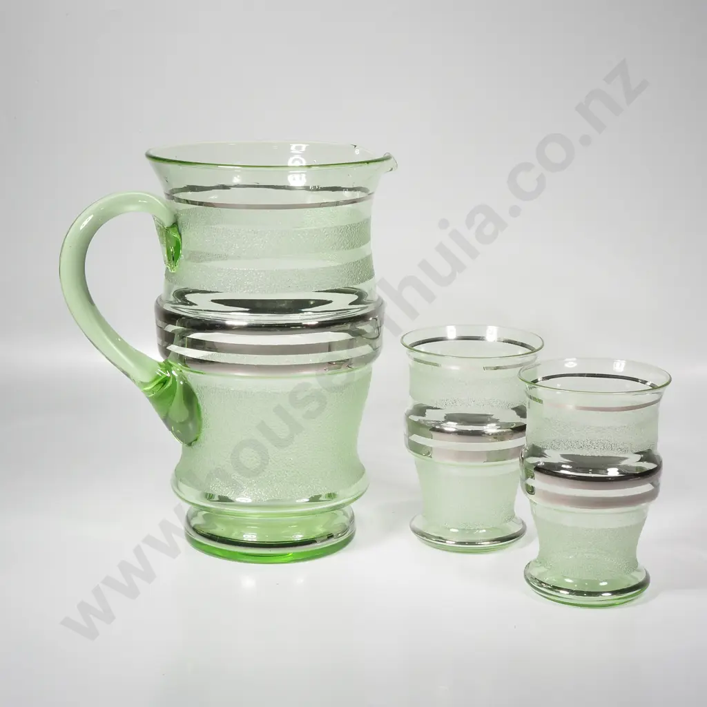 Vintage Green Glass Lemonade Pitcher & Two Matching Glasses Image 1++