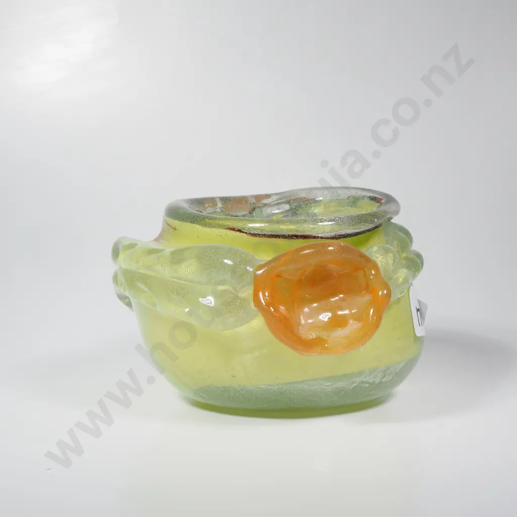 Vintage Hand Blown Biomorphic Art Glass Bowl w Applied Flowers Image 1++