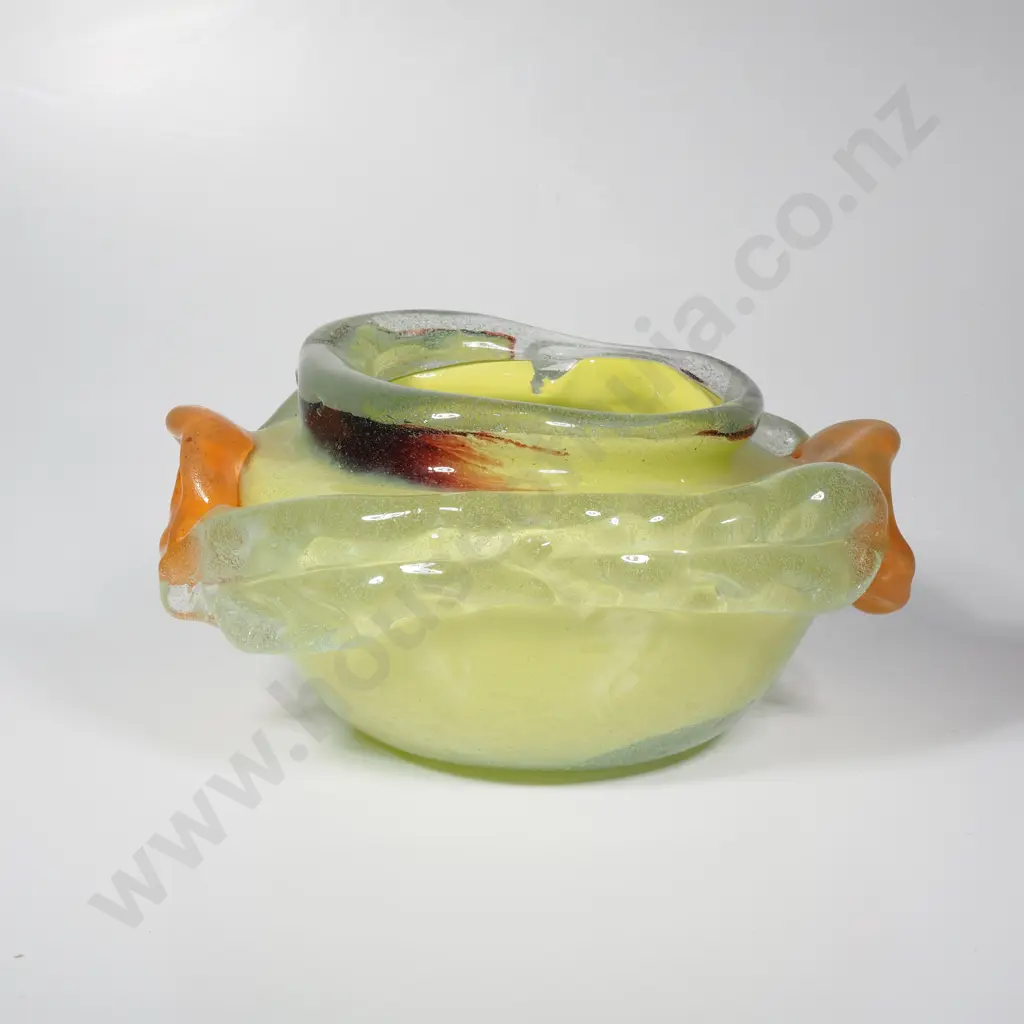Vintage Hand Blown Biomorphic Art Glass Bowl w Applied Flowers Image 1++
