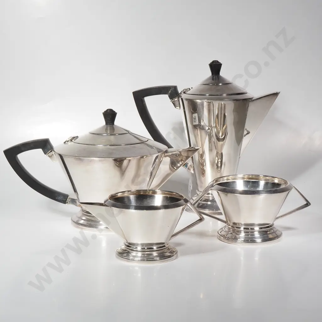 Art Deco Silver Plate Four Piece Tea Set w Geometric Shapes,Comprising Teapot, Coffee Pot, Sugar Bowl  & Creamer Image 1++