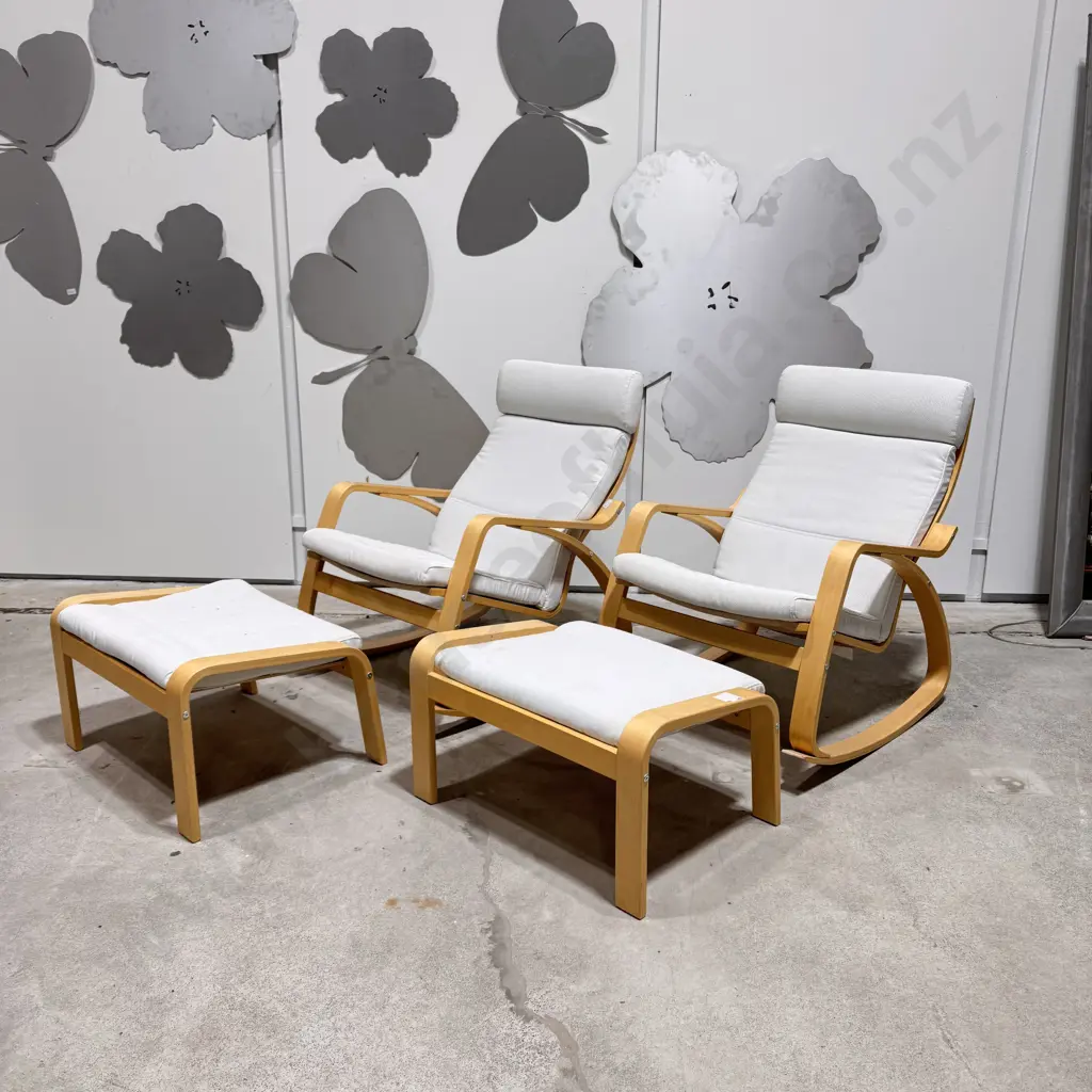 Pair of Poang Bentwood  Ikea Rocking Chairs & Footstools, Complete w Covers & Cushions Image 1++