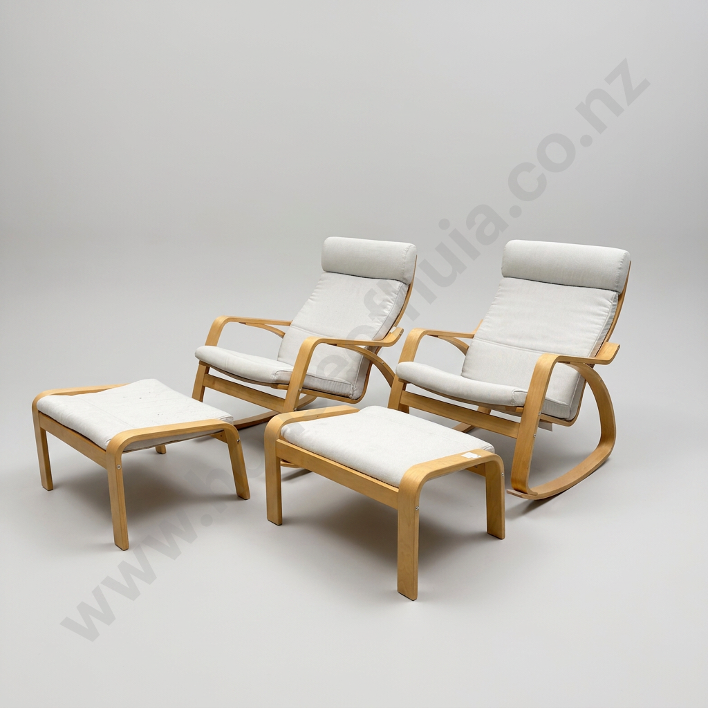 Pair of Poang Bentwood  Ikea Rocking Chairs & Footstools, Complete w Covers & Cushions Image 1++
