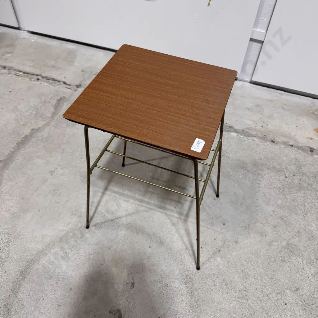 Mid Century Modern Side Table w Wood Veneer Top & a Slender Metal Frame w Magazine Rack Below Image 1++
