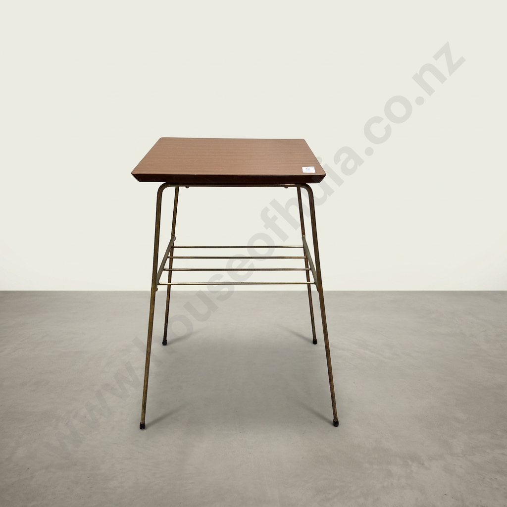 Mid Century Modern Side Table w Wood Veneer Top & a Slender Metal Frame w Magazine Rack Below Image 1++