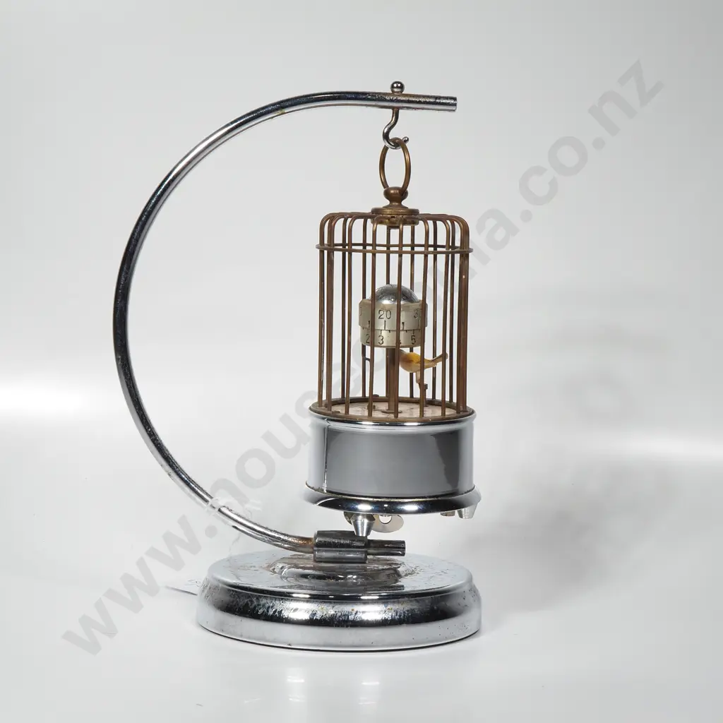 Mid Century German Kaiser Mechanical Bird Cage Automaton Clock w a Suspended  Chrome & Brass Bird Cage & Rotating Bird Image 1++