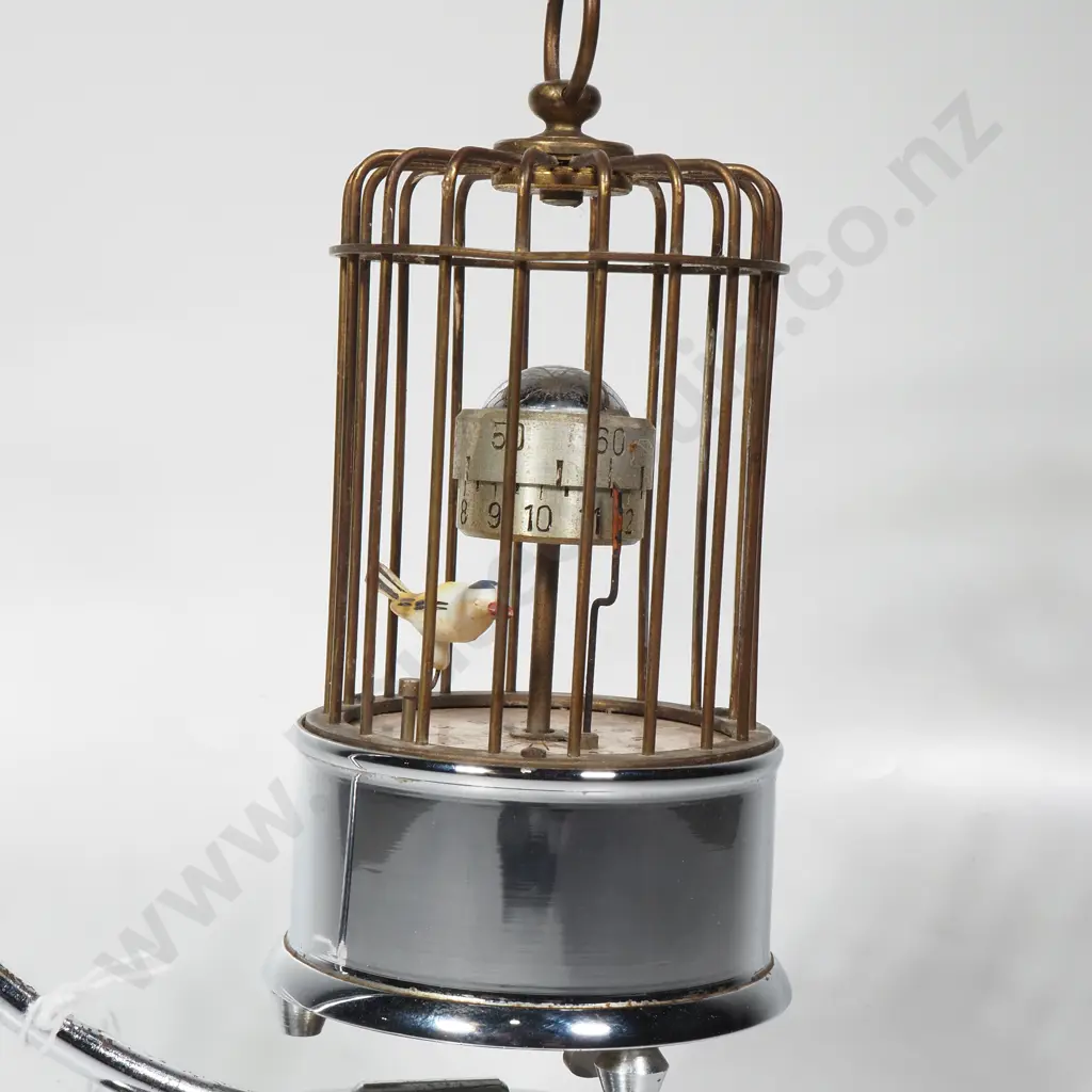 Mid Century German Kaiser Mechanical Bird Cage Automaton Clock w a Suspended  Chrome & Brass Bird Cage & Rotating Bird Image 1++