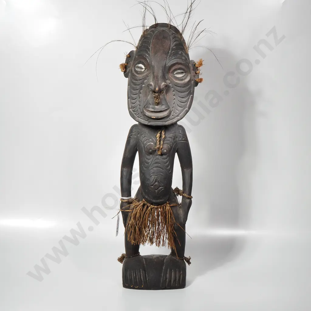 Carved Wooden Tribal Ancestral Figure from the Sepik River Region of Papua New Guinea, Decorated w Fibres & Cowrie Shell Image 1++