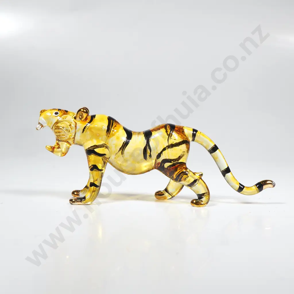 Miniature Handblown Glass Roaring Tiger Figurine w Black Stripes Image 1++