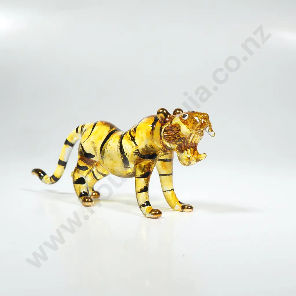 Miniature Handblown Glass Roaring Tiger Figurine w Black Stripes Image 1++
