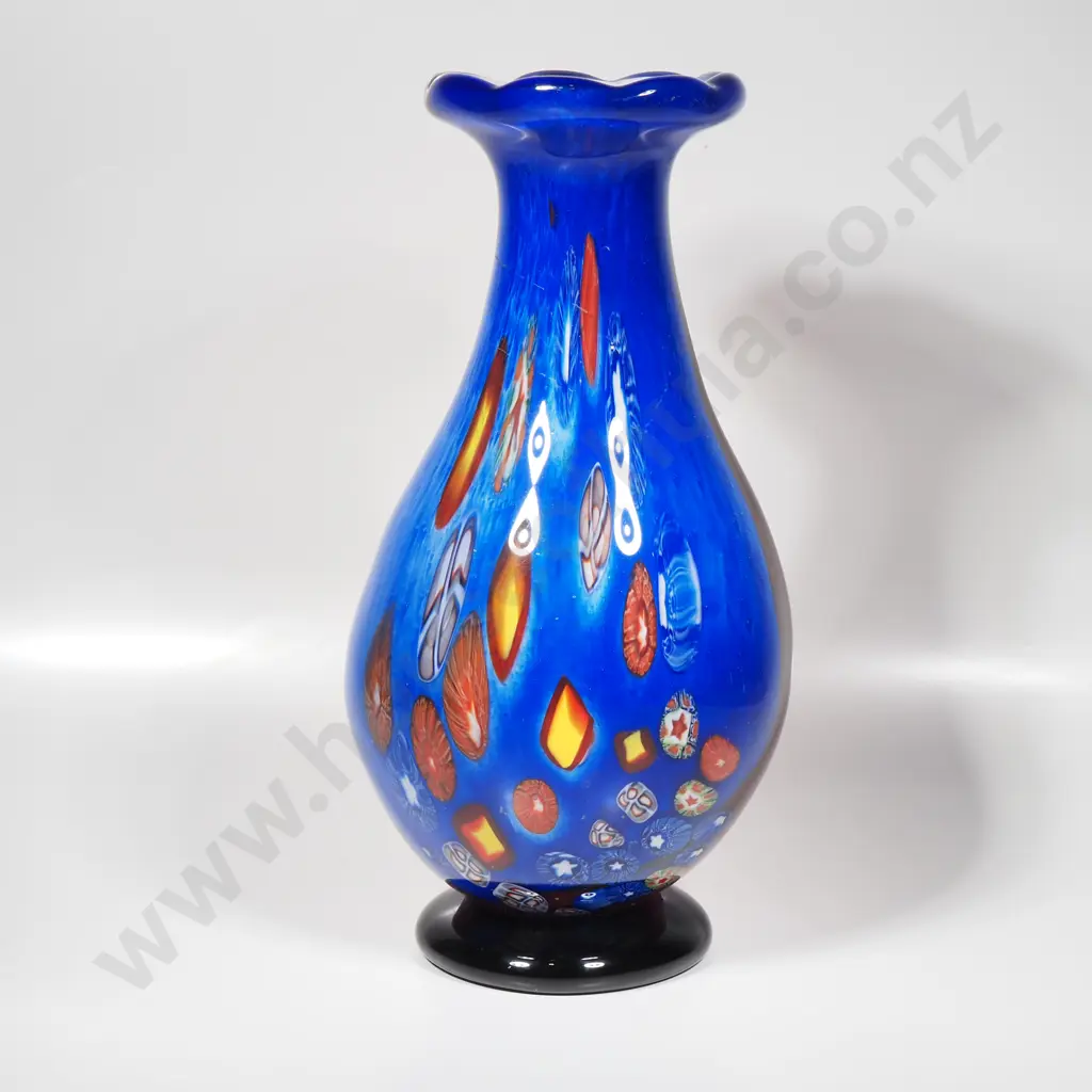 Colourful Glass Swirl Vase w Millefiori Mosaic Patterns & Bands of Blue, Orange & Red Image 1++