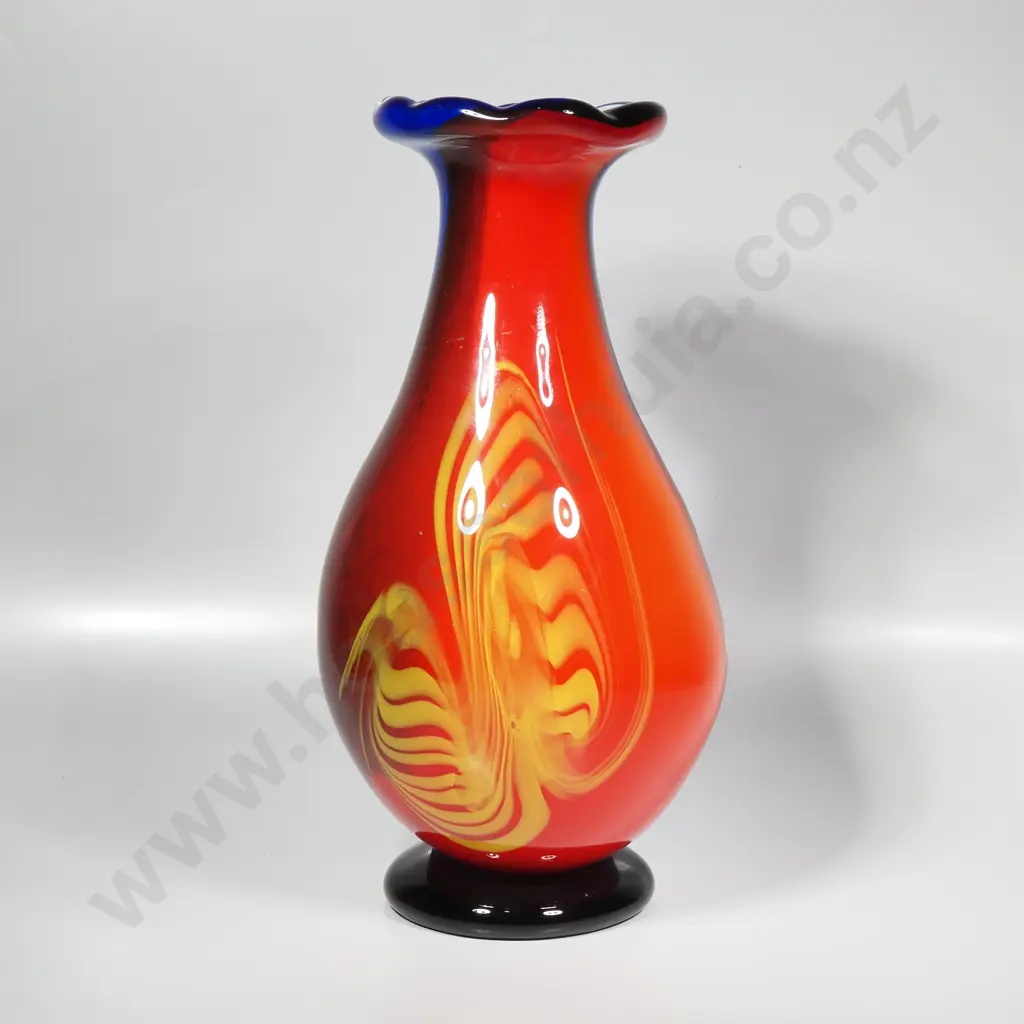 Colourful Glass Swirl Vase w Millefiori Mosaic Patterns & Bands of Blue, Orange & Red Image 1++