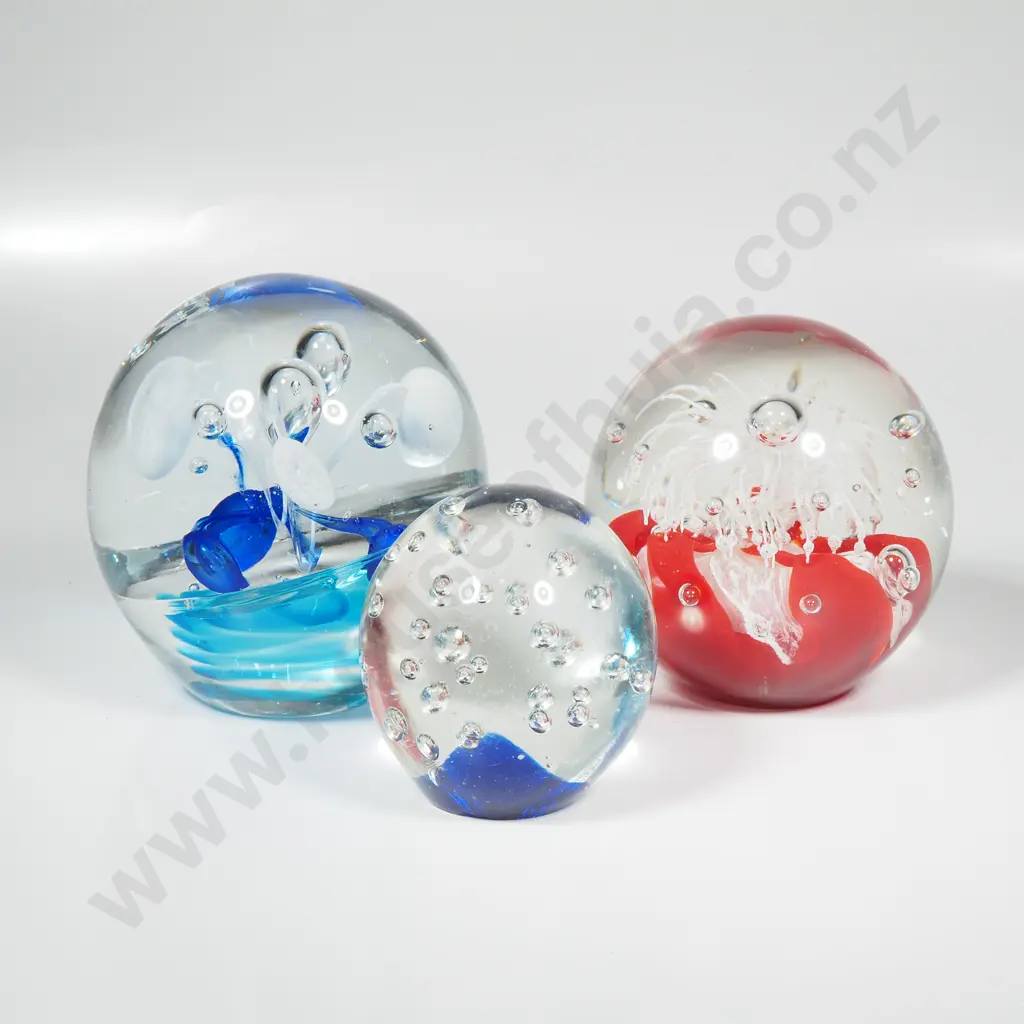 Two Vintage Jo St Clair Paperweight w Controlled Bubbles in Red & Blue & Another Smaller Glass Paperweight Image 1++
