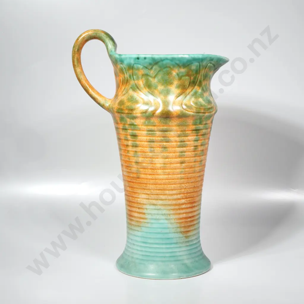 Beswick Ribbed Jug Pattern No 140 w Drip Glaze in Turquoise Blue, Orange & Gold Tones Image 1++