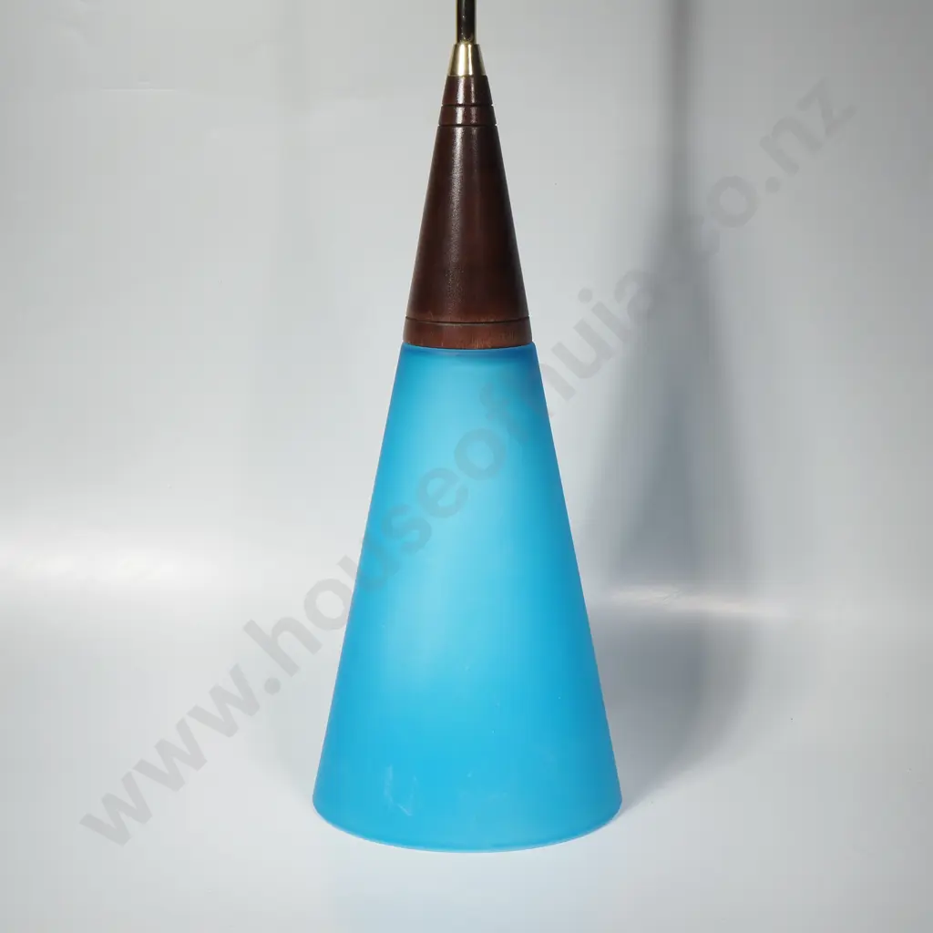 Mid-Century Scandinavian Glass Cone, Teak & Brass Ceiling Pendant Image 1++