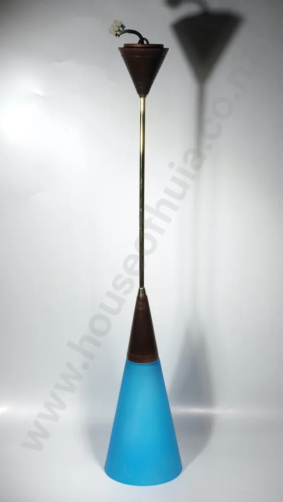 Mid-Century Scandinavian Glass Cone, Teak & Brass Ceiling Pendant Image 1++