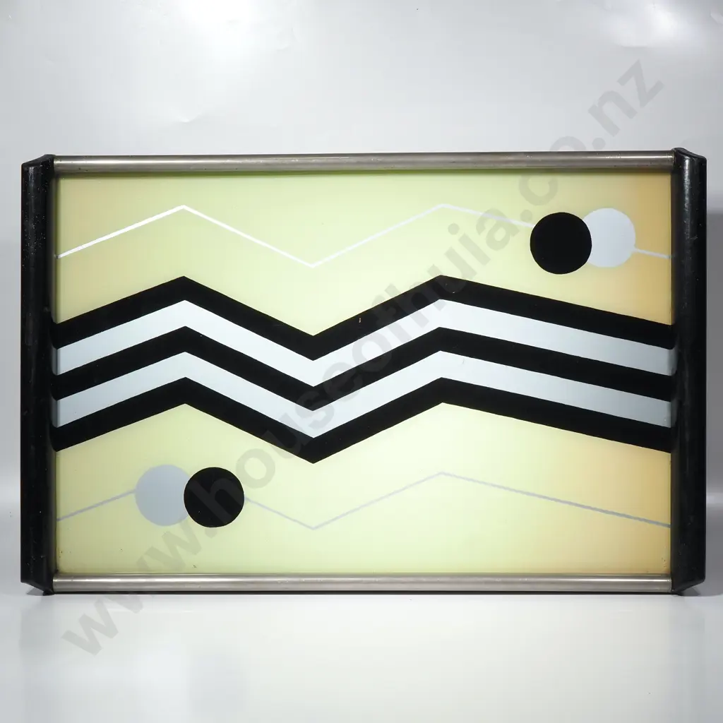 Art Deco Serving Tray w Reverse Painted Glass w a Geometric Black & Yellow & Silver Bold Zig Zag  Chevron Pattern Image 1++