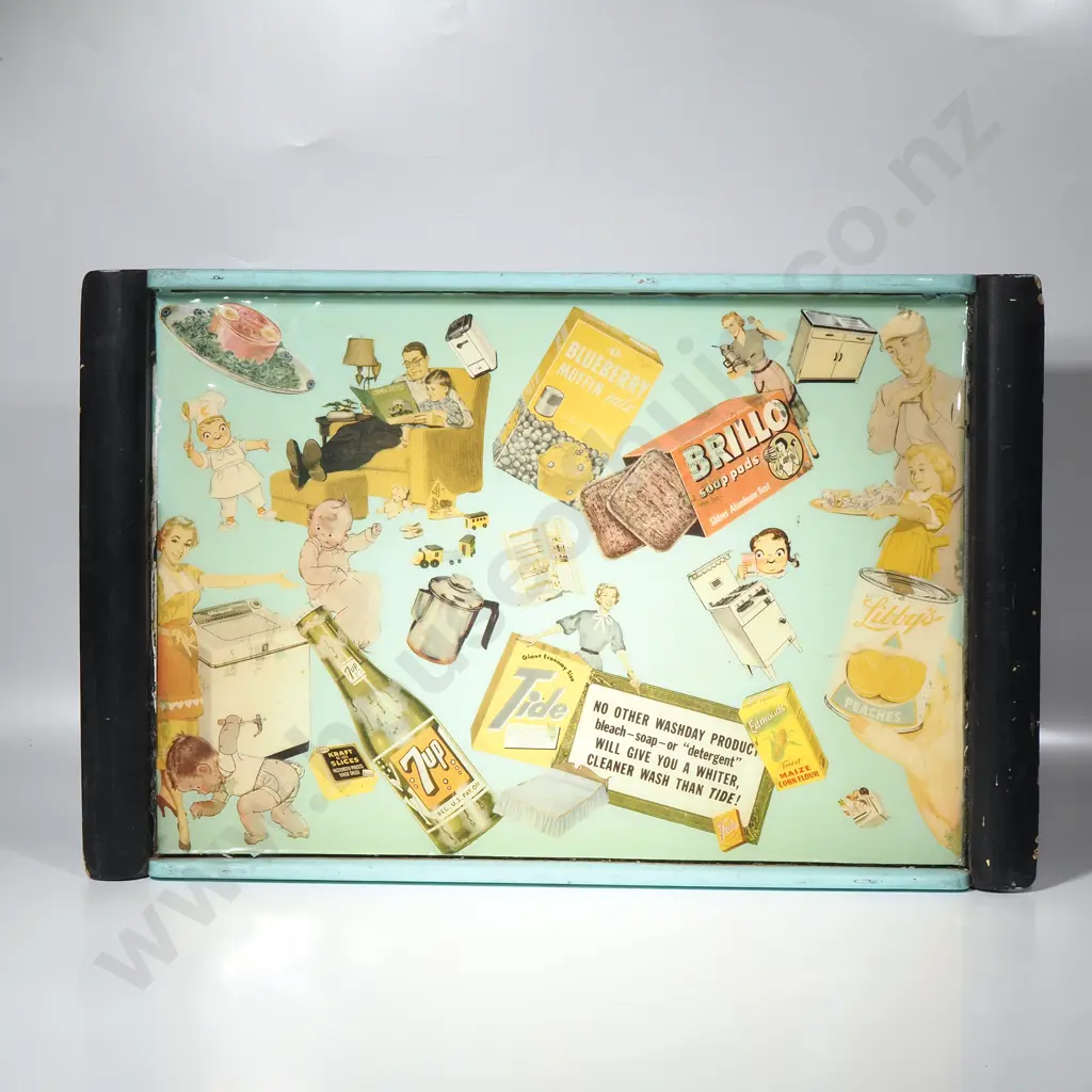 Vintage Tray w a Collage of Advertisements including Seven Up & Brillo Soap Pads w Wooden Handles Image 1++