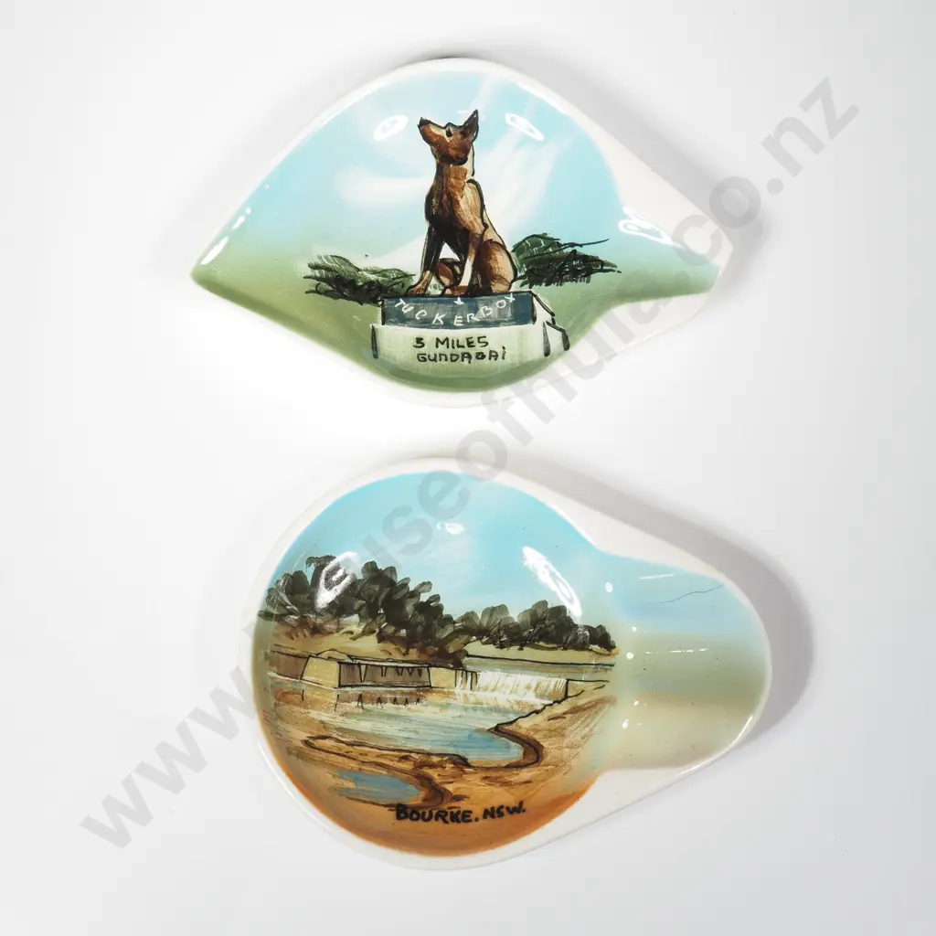 Vintage Australia Souvenir Dishes Manufactured by Studio Anna w Hand-painted Scene, One w Landscape & the Other a Dog Image 1++
