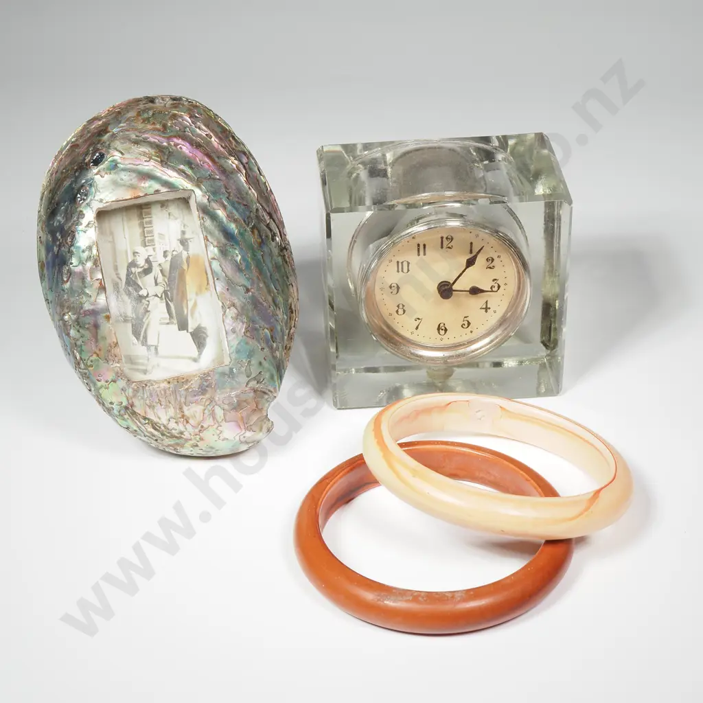 Art Deco Style Vintage Glass Bedside Clock , Paua Shell Photo Frame & Two Wooden Bangles Image 1++