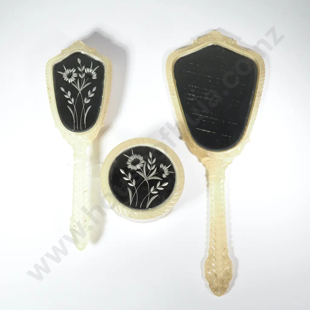Three Piece Yellow Cellouloid Plastic Dressing Table Set w Etched Mirror Tops, to Include Mirror, Brush & Trinket Box Image 1++