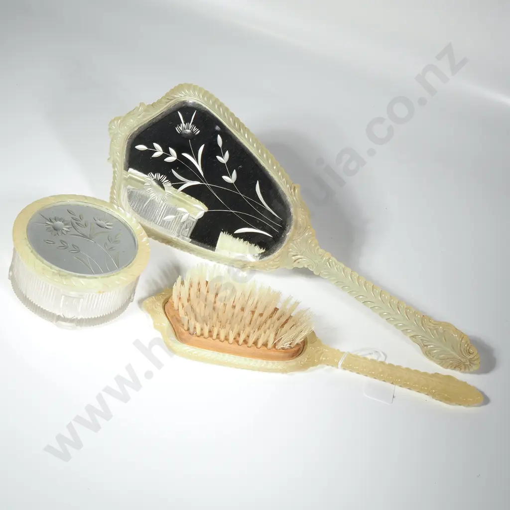 Three Piece Yellow Cellouloid Plastic Dressing Table Set w Etched Mirror Tops, to Include Mirror, Brush & Trinket Box Image 1++