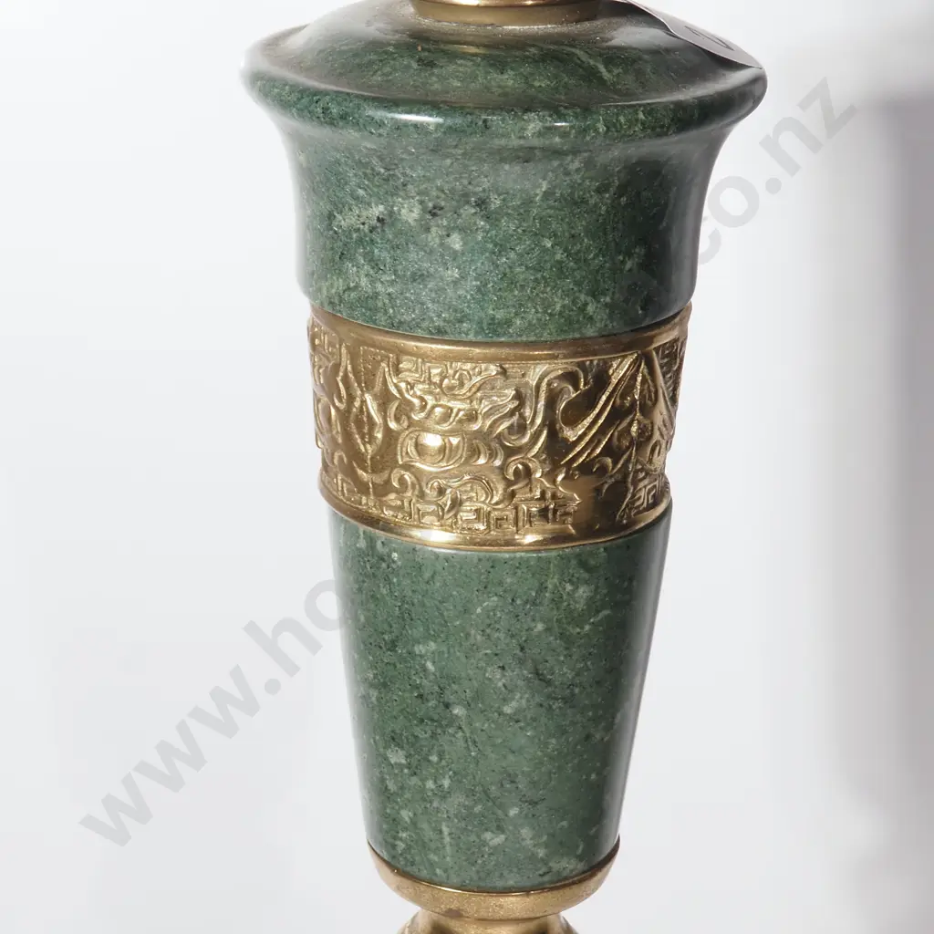 Mid Century Modern  Green Marble & Brass Table Lamp w Asian Dragon Motif Band Image 1++