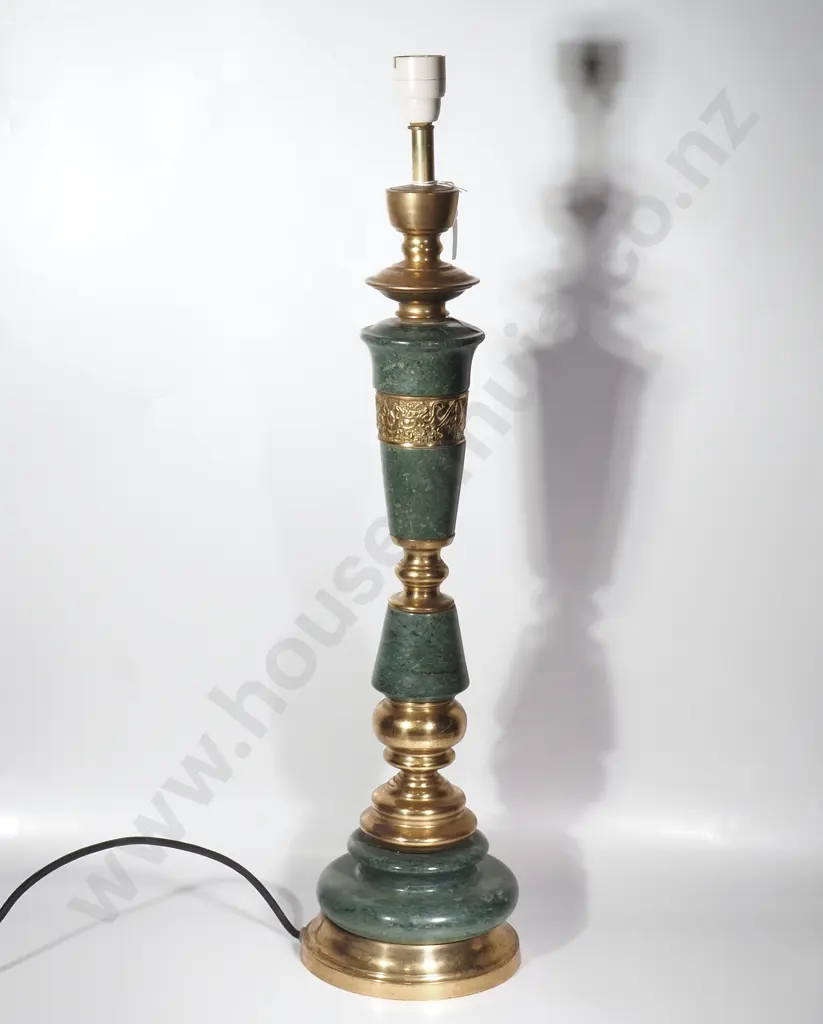 Mid Century Modern  Green Marble & Brass Table Lamp w Asian Dragon Motif Band Image 1++