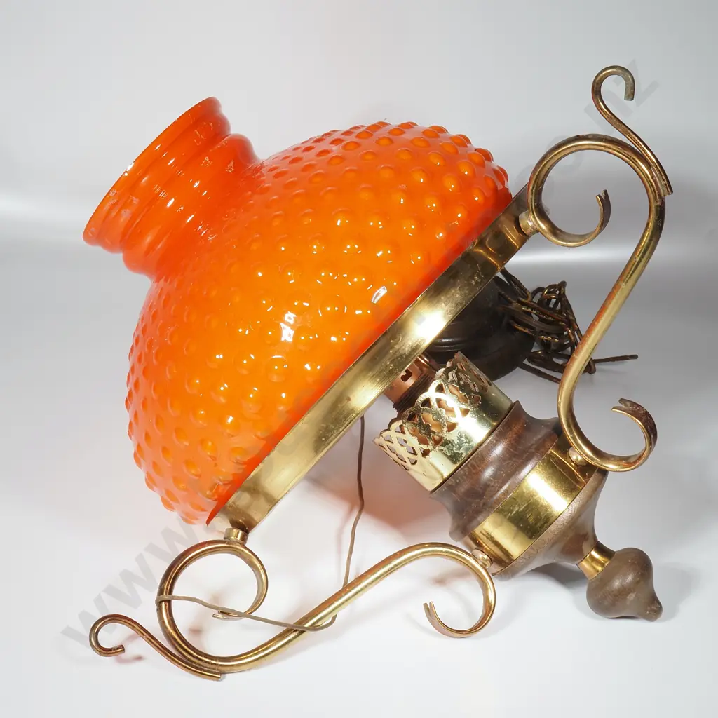 Vintage Hanging Lamp w Mid Century Orange Hobnail Dome Shaped Glass Lampshade Image 1++