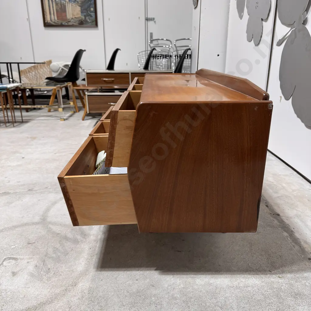 Vintage Mid Century Modern Teak Dresser w Six Drawers & Brass Toned Pulls on Wooden Tapered Legs Image 1++