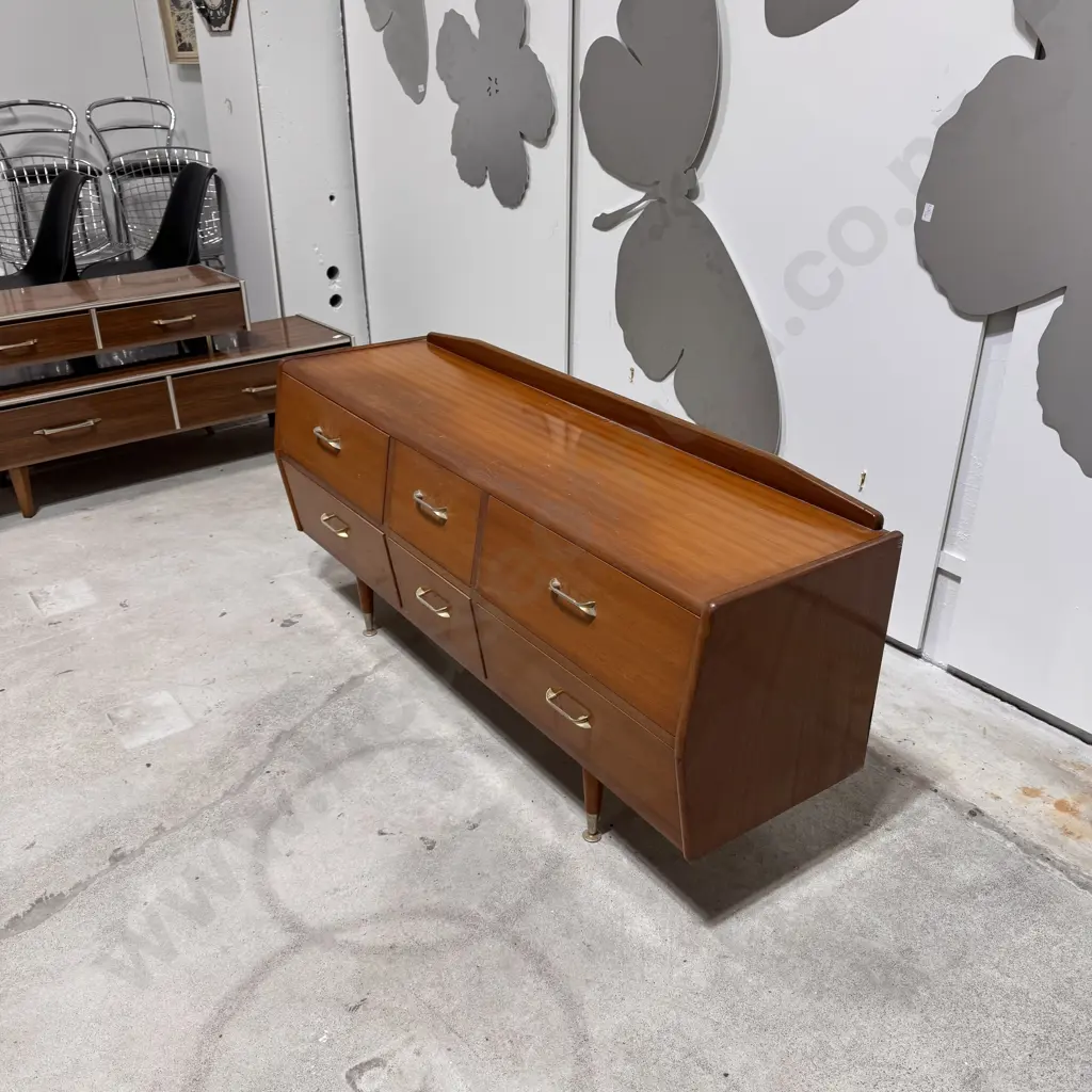 Vintage Mid Century Modern Teak Dresser w Six Drawers & Brass Toned Pulls on Wooden Tapered Legs Image 1++