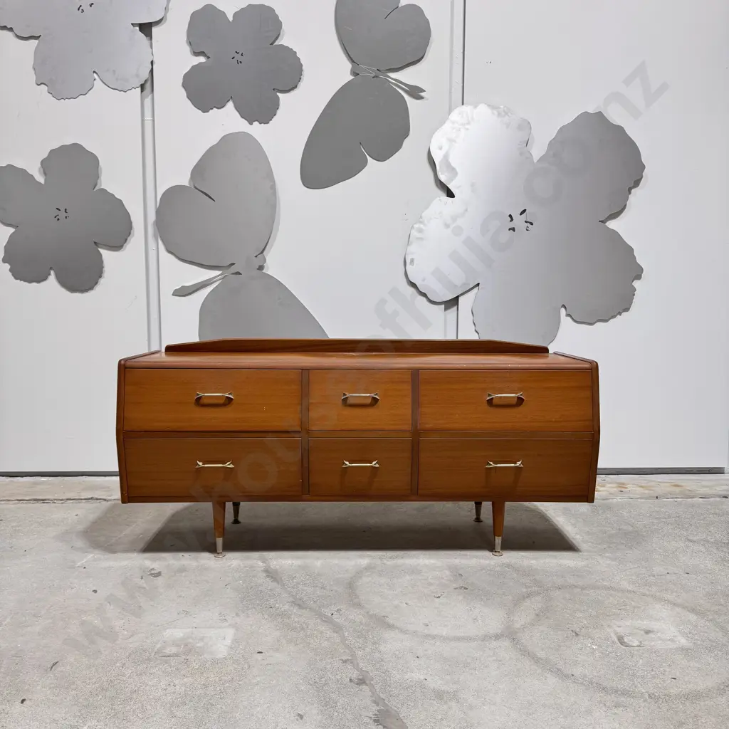 Vintage Mid Century Modern Teak Dresser w Six Drawers & Brass Toned Pulls on Wooden Tapered Legs Image 1++